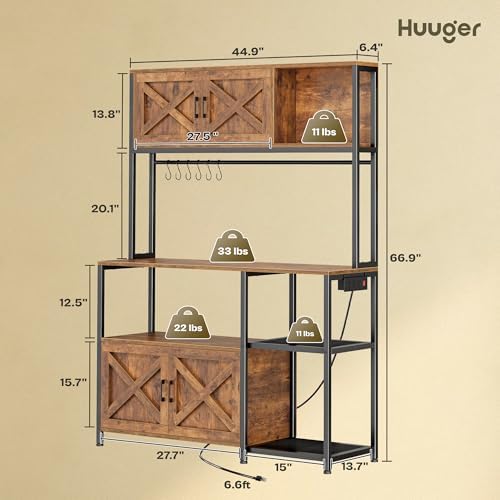 Huuger Large Bakers Rack with Power Outlet, Kitchen Microwave Stand with Cabinets, Coffee Bar Table Station with Storage, 6 S-Shaped Hooks, Mesh Shelves, 45 Inch Wooden Top, Rustic Brown - Image 3