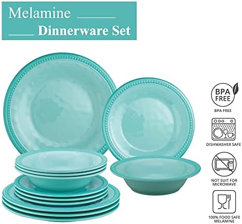 UPware 12 Piece Beaded Melamine Dinnerware Sets, Outdoor Dishes Set, Plates and Bowls Sets, Service for 4, Aqua Blue - Image 4