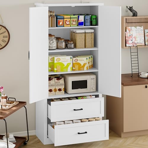 BORNOON Pantry Organizers and Storage Cabinet, 71” Barn Door White Kitchen Cabinet with Drawers and Adjustable Shelf, Tall Pantry for Kitchen, Dining Room, Living Room. Bathroom and Office - Image 3