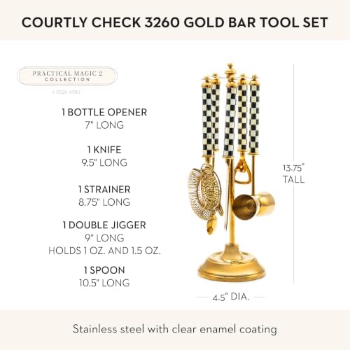 MACKENZIE-CHILDS 3260 Bar-Tool Set, Black-and-White Courtly Check Gold - Image 4