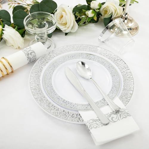 WELLIFE 350pcs Silver Party Dinnerware Set for 50 Guests, Silver Wedding Plates Disposable Heavy Duty, Including :50 Dinner Plates, 50 Dessert Plates, 50 Cups, 50 Napkins, 50 Sliver Silverware Set - Image 3