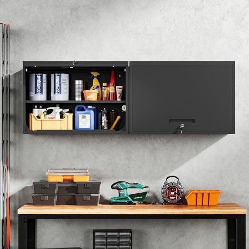 Yizosh Metal Garage Wall Cabinet with Doors and Shelves, Wall Mounted Metal Storage Cabinet, Floating Garage Tool Cabinet for Garage, Basement, Kitchen, Warehouse (Black, 21.6" H) - Image 2