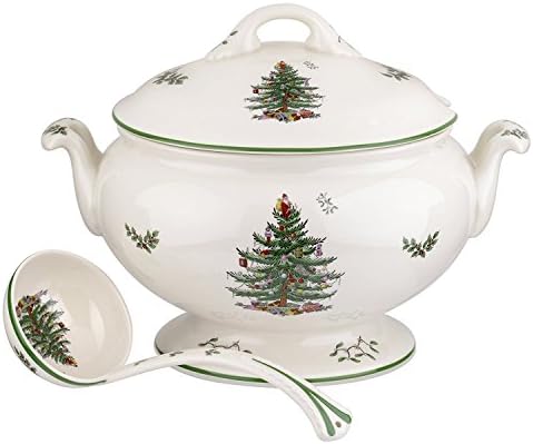 Spode Christmas Tree Footed Soup Tureen with Lid and Ladle, 4-Quart Covered Tureen, Microwave and Dishwasher Safe Earthenware, Traditional Green-Banded Holiday Design, Nostalgic Festive Serveware by Spode