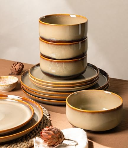 TheTerra Ceramic Dinnerware Sets for 8, 24 Pieces Handmade Reactive Glaze Plates and Bowls Set, Scratch Resistant Dish Set, Oven & Microwave & Dishwasher Safe, Creamy Amber - Image 5