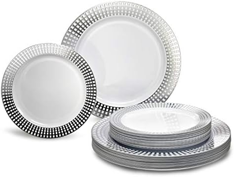 OCCASIONS 100 Plates Pack,(50 Guests) Premium Wedding Party Disposable Plastic Plates Set -50 x 10.25'' Dinner + 50 x 7.5'' Salad/Dessert (Princess White/Silver) by OCCASIONSFINESTPLASTICTABLEWARE