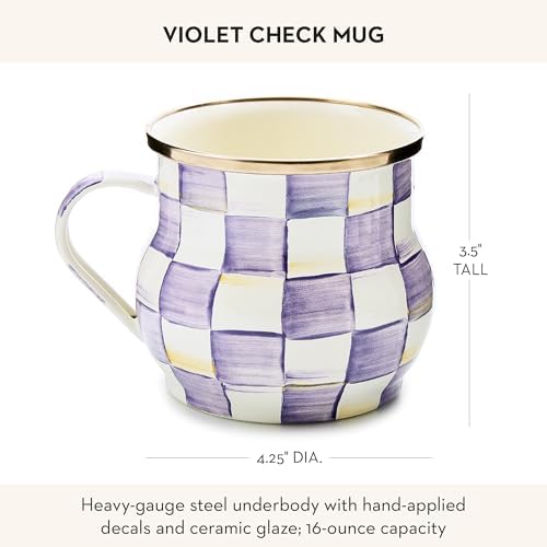 MACKENZIE-CHILDS Enamel Mug, 16 Ounces, Purple-and-White Violet Check - Image 4