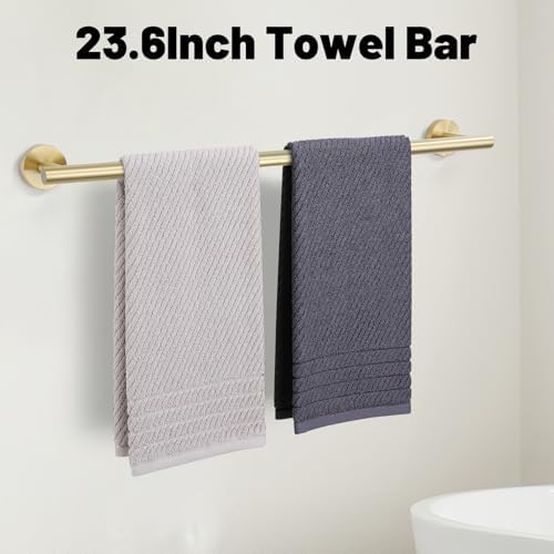 5 Pieces Brushed Gold Bathroom Hardware Accessories Set SUS304 Stainless Steel Gold Towel Bar Holder Set, 23.6Inch Towel Racks for Bathroom, Robe Towel Hooks, Toilet Paper Holder Wall Mounted - Image 2