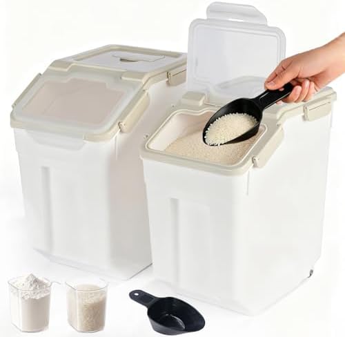 RUIAN 2Pcs Large Flour Storage Container Bin 25Lb Airtight Rice Storage Containers with Wheels Seal Locking Lid, BPA Free with Measuring Cup&Scoop for Flour, Rice, Grain (Gray) by RUIAN