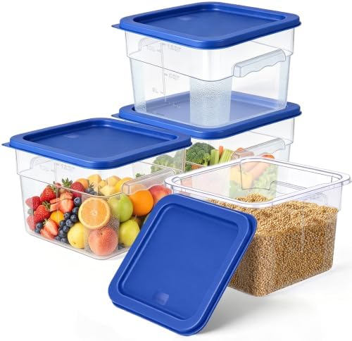 4Pack - 12QT Food Storage Containers with Lids & Handles, Polycarbonate Clear Airtight Food Container with Scale Marks for Bread Proofing, Flour, Commercial Grade, Restaurant & Kitchen, Square, Blue by FIRMDKWEED