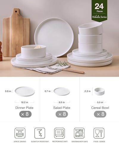 Famiware Nebula Plates and Bowls, 24-Piece Dinnerware Set, White - Image 2