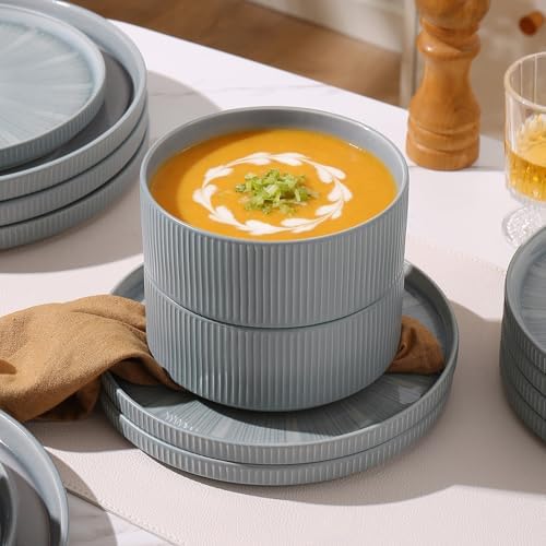 Stoneware Dinnerware Sets for 6, 18-Piece Plates and Bowls Set, Smoky Blue - Image 5