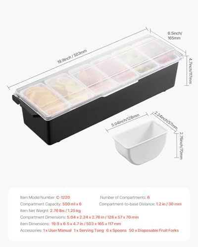 VEVOR Chilled Condiment Server, 6 Compartment Ice Cooled Condiment Serving Container, Chilled Garnish Tray Bar Caddy with Lid, for Bartending & Serving Taco, Salad, Fruit, Home & Restaurant Supplies - Image 7
