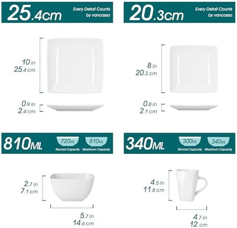 vancasso Soho Dinnerware Sets 24 Pieces, White Stoneware Square Place Setting, Dinner Plate, Dessert Plate, Cups and Plates Sets for Kitchen, Dish Set for 6, White - Image 2