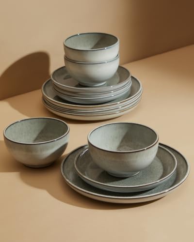 Pokini Ceramic Dinnerware Sets for 4, 12pcs Plates and Bowls Sets Dish Set - Image 2