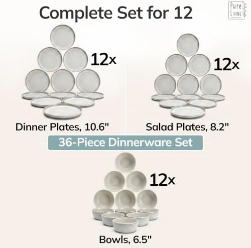 36 Piece Stoneware Dinnerware Set for 12, Handcrafted Plates and Bowls Set - Image 6