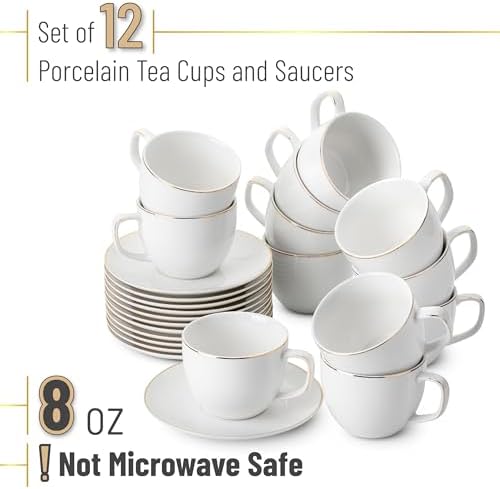 BTaT- Cappuccino Cups with Saucers 8 oz, Set of 12, White Porcelain Coffee Cup and Saucer Set for Latte with Golden Trim Design, Dishwasher Safe, Mocha, Tea, Au Lait, Flat White - Image 2