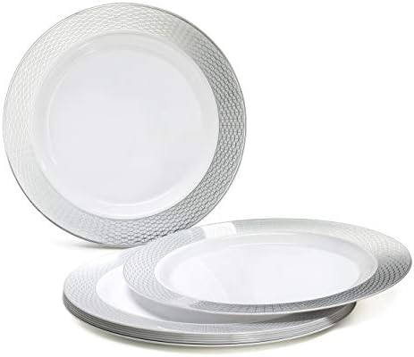 OCCASIONS 100 Plates Pack,(50 Guests) Heavyweight Premium Wedding Party Disposable Plastic Plates Set -50 x 10.5'' Dinner + 50 x 7.5'' Salad/Dessert (Diamond White & Silver) - Image 2