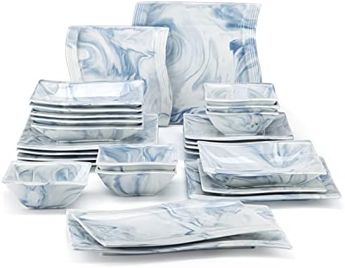 MALACASA Plates and Bowls Sets, 26 Piece Blue Dinnerware Sets for 6, Porcelain Dinner Set with Set, Dishes, Cereal Serving Platters, Kitchen Plate Bowl Series FLORA, 26 Piece(Service for 6) by MALACASA