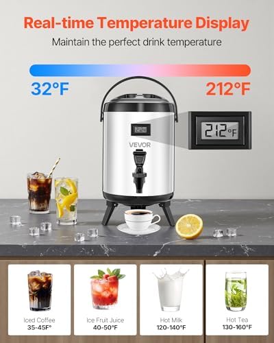 VEVOR Insulated Beverage Dispenser, 1.5 Gal/6L Stainless Steel Thermal Drink Server with Spigot & Temp Display, Suitable for Hot and Cold Drinks, for Tea Coffee Water in Cafes & Restaurants, Silver - Image 2