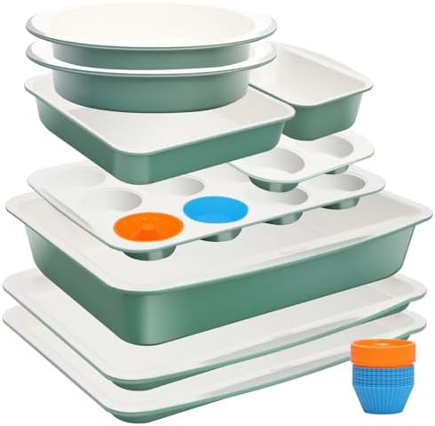 Ceramic Nonstick Baking Pans Set, Non Toxic 33 PCS Stackable Bakeware Sets, 550°F Oven Safe Baking Sheet & Pans, Warp-Free, Dishwasher Safe, PTFE/PFOA/PFOS-Free (Green) by Ymiton