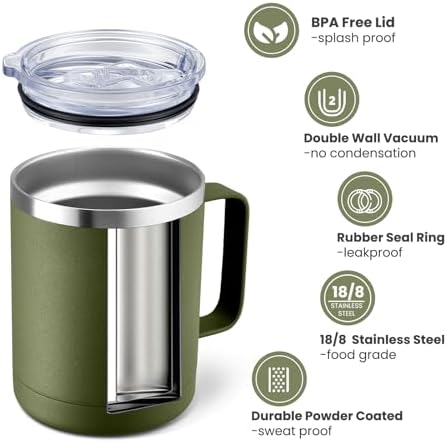MEWAY 12oz Coffee Mug With Handle and Sliding Lid,Stainless Steel Travel Tumbler Cup with Handle,Double Wall Vacuum Insulated Camping Cup for Hot & Cold Drinks Tea (Army Green,Set of 1) - Image 2