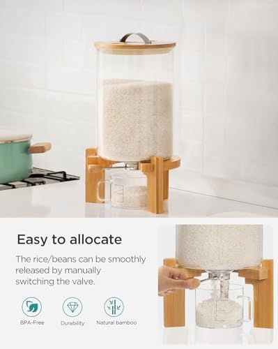 HBlife Glass Rice Dispenser with Wooden Stand Flour and Cereal Container with Glass Measuring Cup Pantry Food Organization Storage Bin with Airtight Bamboo Lid, 3L+5L - Image 3