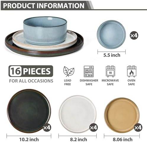 LIANYU Dinnerware Stoneware Sets with Pasta Bowls, 16 Piece Plates and Bowls Set for 4, Ribbed Dishes Set for Home, Microwave and Dishwasher Safe, Four-color - Image 2