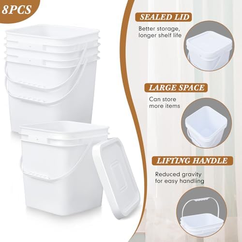 Mumufy 8 Pcs 3.5 Gallon Square Food Grade Bucket with Lid, White - Image 2