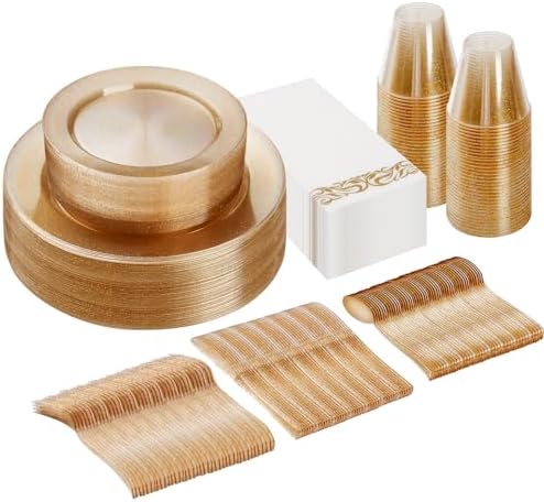 Goodluck 175 Pieces Gold Glitter Disposable Dinnerware Set for 25 Guests by GoodLuck