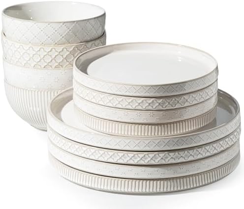 Getstar Dinnerware Sets, Plates and Bowls Sets (10.5” Dish + 8” Dish + 6” Bowl) for 4, Microwave and Dishwasher Safe, Ceramic Dinnerware Set (12 Piece) by Getstar