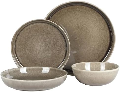 Gibson Elite Berea 16 Piece (Service for 4) Plates and Bowls Reactive Glaze Round Dishes Stoneware Ceramic Dinnerware Set -Taupe - Image 6