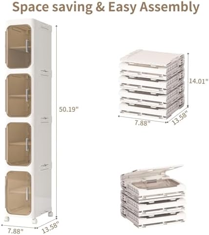 4 Tier Slim Bathroom Storage Cabinet, Foldable and Movable, Beige - Image 2