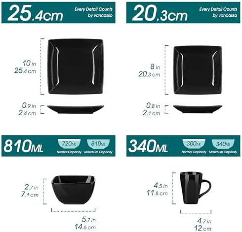 vancasso Soho Dinnerware Sets 24 Pieces, Black Stoneware Square Place Setting, Dinner Plate, Cups and Plates Sets for Kitchen, Dish Set for 6 - Image 2