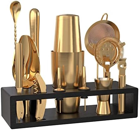 Highball & Chaser Bartender Kit with Black Bamboo Stand Beautiful Cocktail Shaker Set and Bar Tools Stainless Steel Boston Shaker Bartender Kit with Stand (Antique Gold) by HighballChaser