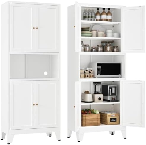 YAUWOH 69" Tall Metal Kitchen Pantry Cabinet with Microwave Shelf, 4 Doors & 3 Adjustable Shelves, Heavy Duty Food Storage Cabinet with Anti-Tip Design for Kitchen,Dining Room (1PC,White) by YAUWOHFactoryOutletsColorfulMetalFurniture