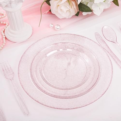 WDF 120pcs Pink Plastic Plates Disposable - Clear Pink Glitter Plates including 60PCS Dinner Plates 10.25inch and 60PCS Salad Plates 7.5inch for Wedding/Baby Shower/Spring/Birthday - Image 2