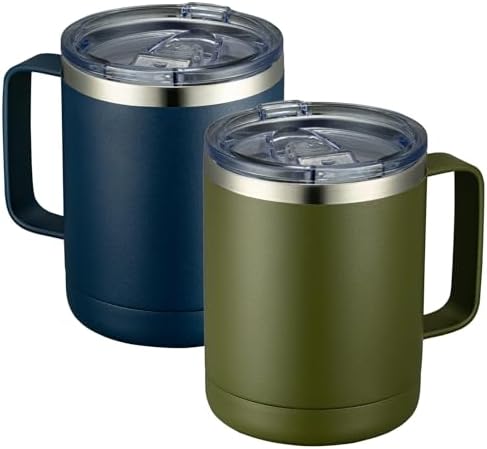 MEWAY 12oz Coffee Mug With Handle 2 Pack Bulk,Stainless Steel Insulated Travel Tumblers With Sliding Lid,Double Wall Vacuum Camping Cup for Hot & Cold Drinks Tea (Multicolor,Set of 2) by MEWAY