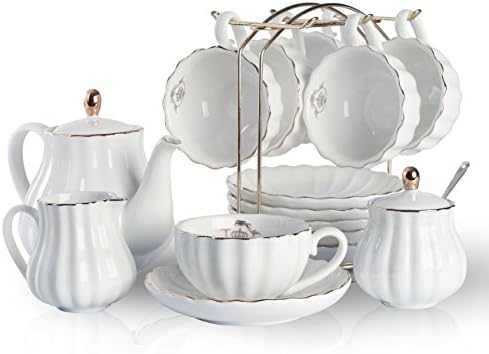 Porcelain Tea Sets British Royal Series, 8 OZ Cups& Saucer Service for 6, with Teapot Sugar Bowl Cream Pitcher Teaspoons and tea strainer for Tea/Coffee, Pukka Home (Pure White) by Sweejarco1949