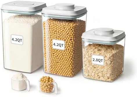 Airtight Food Containers Set with One-Touch Lid, Mixed Size Set (2.8 Qt + 4.2 Qt *2) with Scoop, Stackable Jars for Complete Kitchen Organization by EQI