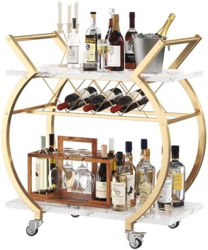 LVB Gold Bar Cart with Wheels, Modern White Marble Home Bar Serving Cart by LVB
