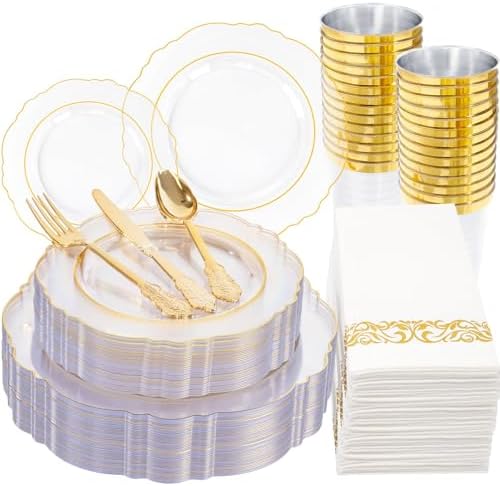KIRE 210Pcs Clear Plastic Plates with Gold Rim for Wedding/Party by KIRE