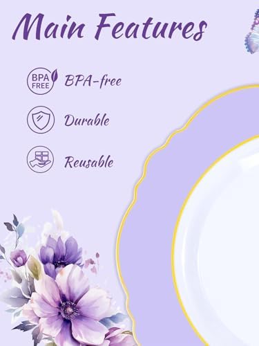 WDF 150Pcs Purple Plates Disposable - Baroque Lavender Purple and Gold Plates - 25Guest Plastic Dinnerware Ideal for Wedding/Party/Birthday/Bridal Shower - Image 5