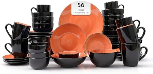 HomeVss, Stoneware Sonoma Dinnerware Set, Black + Speckled Spin Wash (56pc Set, Orange) by HomeVSS