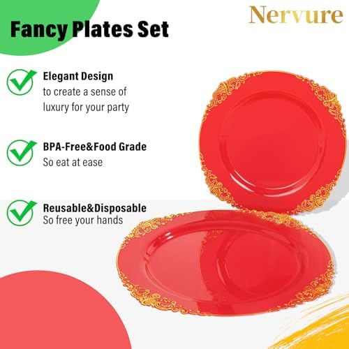 Nervure 350Pcs Red Plastic Plates, Disposable Dinnerware Set for 50 Guests - Image 5