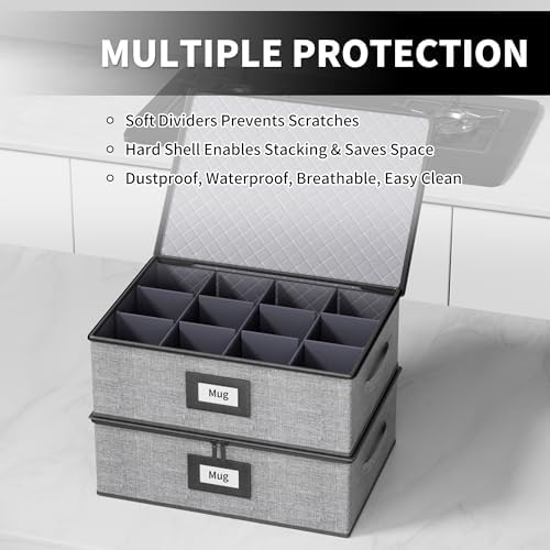 2-Pack Cup Storage Box with Dividers, Hard Shell Mug Organizer with Lid - Image 3