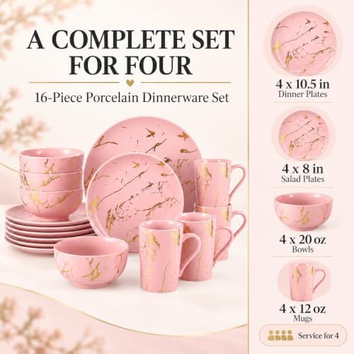 Pink Dinnerware Set for 4, 16-Piece Porcelain, Gold Marble - Image 2