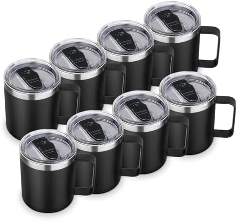 Volhoply 14oz Insulated Stainless Steel Coffee Mug with Lid Bulk 8 Pack,Double Wall Vacuum Travel Coffee Cup with Handle,Reusable Metal Cups Tumbler,Camping Mugs Keep Hot,Ideal Gifts(Black,8) by LiveFully%EF%BC%8CDrinkFreely%E2%80%94KeepGoingwithVolhoply%EF%BC%81