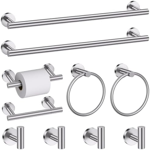 Brushed Nickel Towel Bar Bathroom Hardware Accessories Set, 10 Pieces Upgraded Toilet Paper Holder 23.6 Inch Towel Rack for Bathroom Wall Mounted Stainless Steel Bathroom Set by SOAEZ