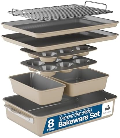 Bakken 8-Piece Ceramic Coated Bakeware Sets, Nonstick Aluminized Steel Pans with Muffin, Loaf, Cake, Roasting Pan, & Cooling Rack, Oven Safe Up To 500°F, Dishwasher Safe, BPA, PTFE & PFAS Free, Cream by BAKK%C3%8BNMASTER