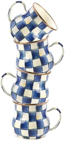 MACKENZIE-CHILDS Enamel Mug, Cute Enamelware Coffee and Tea Mug, Unique Drinkware, 16 Ounces, Blue-and-White Royal Check, Set of 4 by Unknown